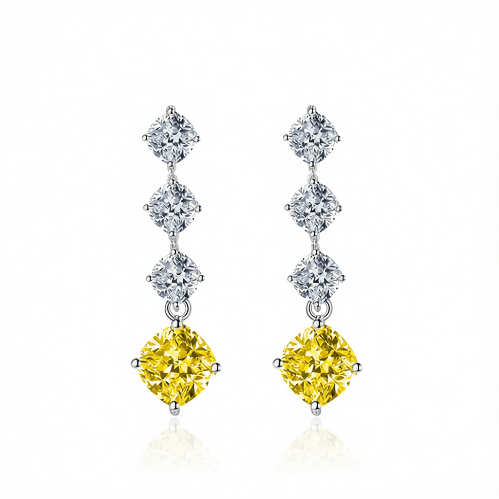 Yellow Crystal and Silvertone Cushion-Cut Drop Earrings, silver drop earrings for women, elegant gift for her, side view