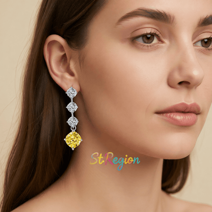 Yellow Crystal and Silvertone Cushion-Cut Drop Earrings, silver drop earrings for women, elegant gift for her, styled look