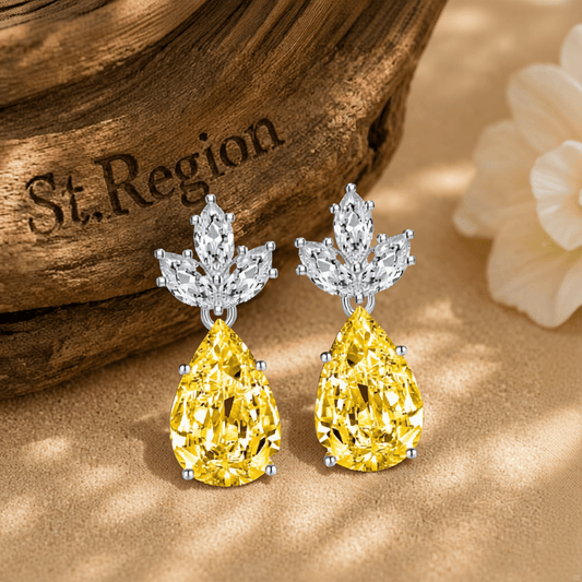 Yellow Crystal & Silvertone Pineapple Drop Earrings