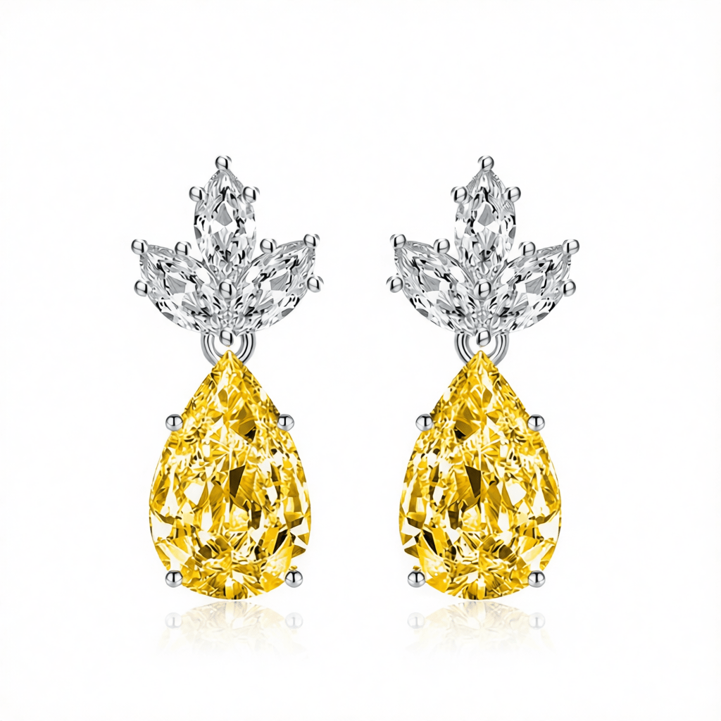 Yellow Crystal and Silvertone Pineapple Drop Earrings, silver drop earrings for women, botanical inspired, side view