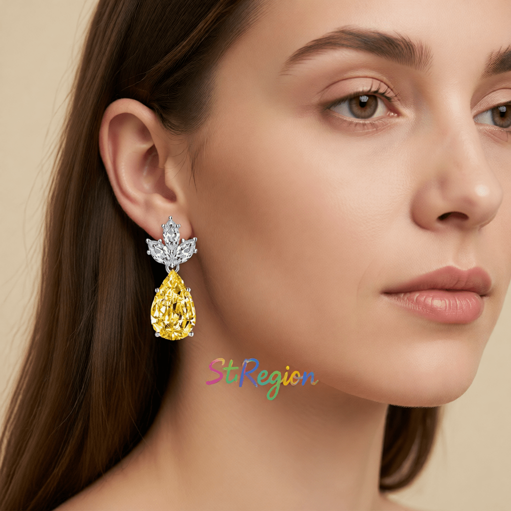 Yellow Crystal and Silvertone Pineapple Drop Earrings, silver drop earrings for women, botanical inspired, styled look