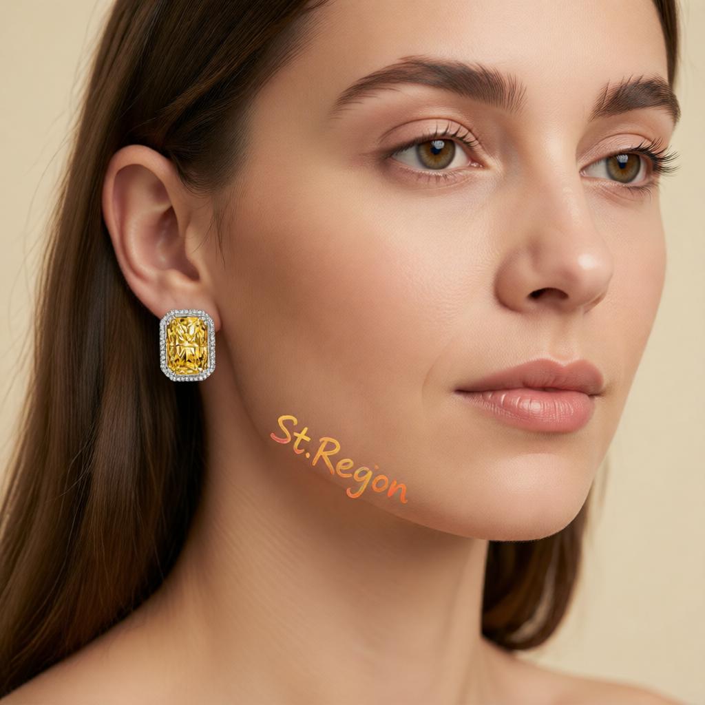 Yellow Radiant Crystal and Cubic Zirconia Silvertone Halo Stud Earrings, cubic zirconia stud earrings for women, styled look