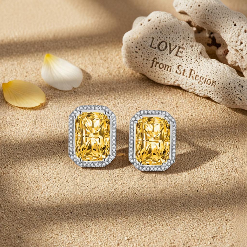 Yellow Radiant Crystal and Cubic Zirconia Silvertone Halo Stud Earrings, cubic zirconia stud earrings for women, lifestyle...