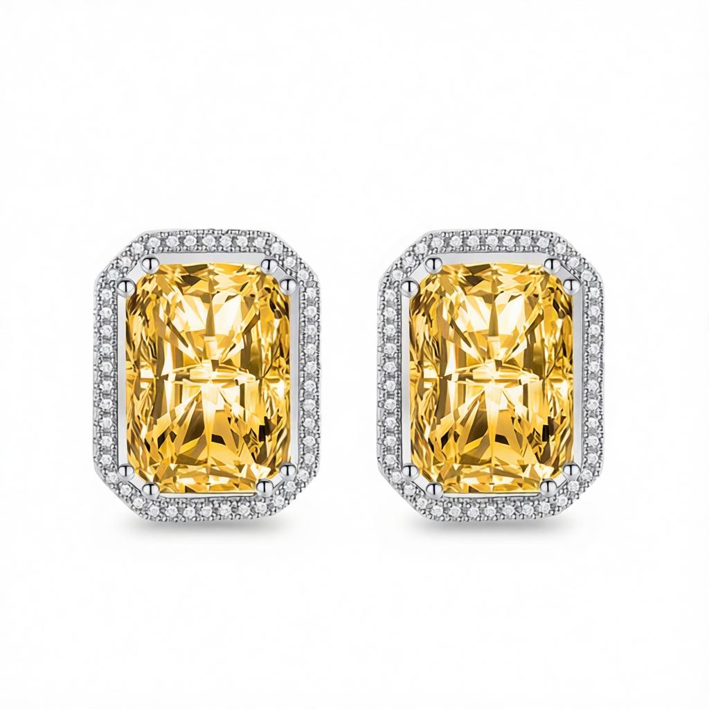 Yellow Radiant Crystal and Cubic Zirconia Silvertone Halo Stud Earrings, cubic zirconia stud earrings for women, side view