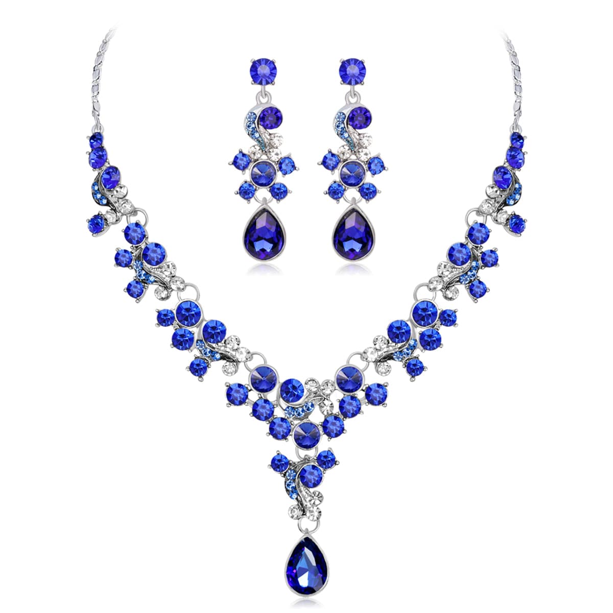 Blue Crystal and Cubic Zirconia Drop Earrings and Statement Necklace, drop earrings for women, detail close-up