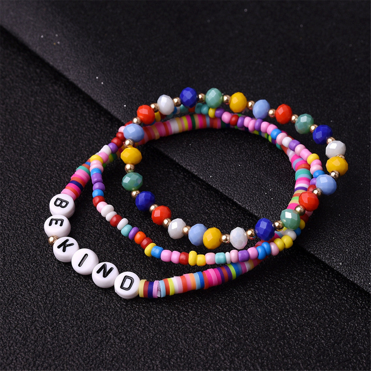 Multicolor Howlite and 18K Gold-Plated 'Be Kind' Beaded Bracelet Set, jewelry gift sets for women, side view