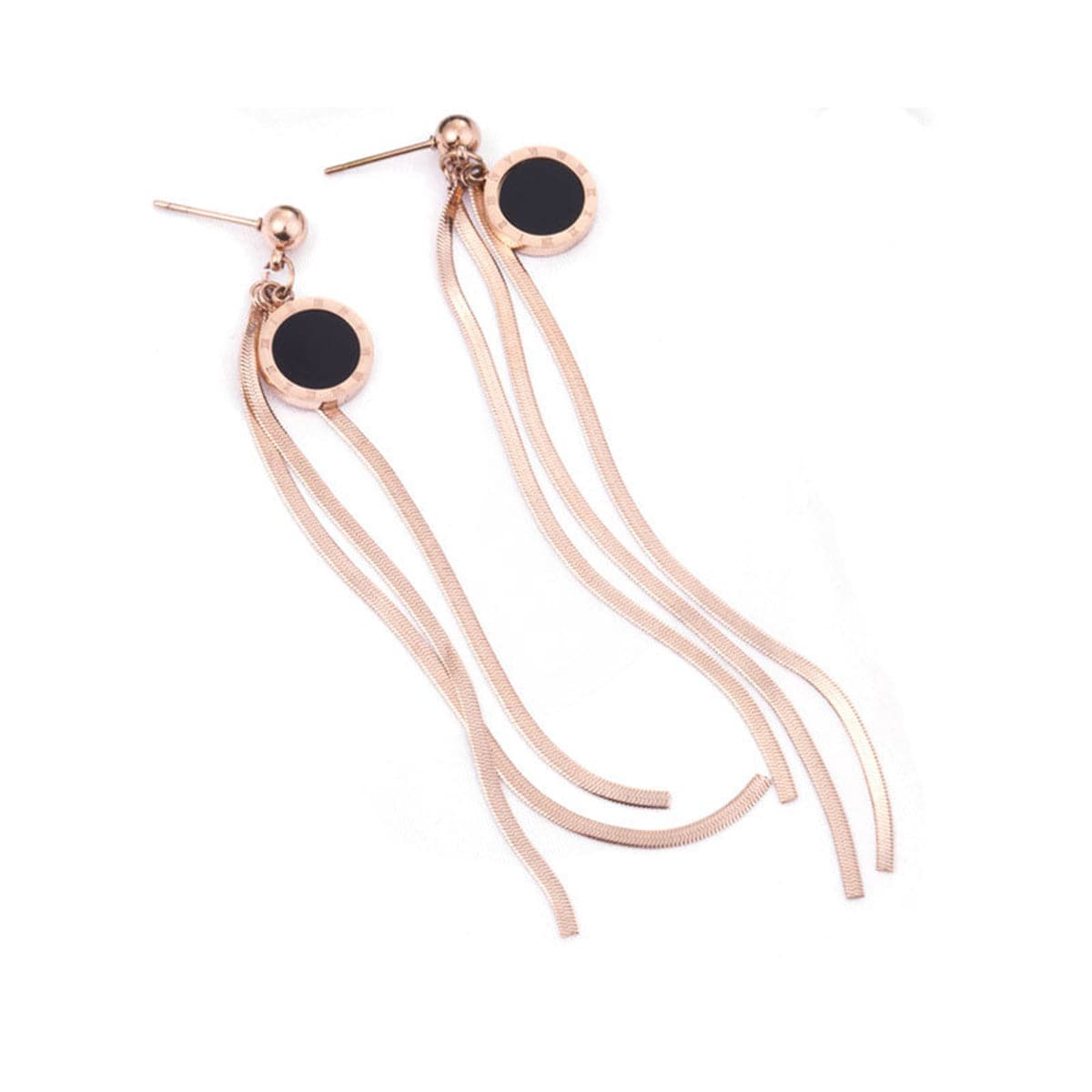 Black & 18K Rose Gold-Plated Roman Numeral Tassel Drop Earrings