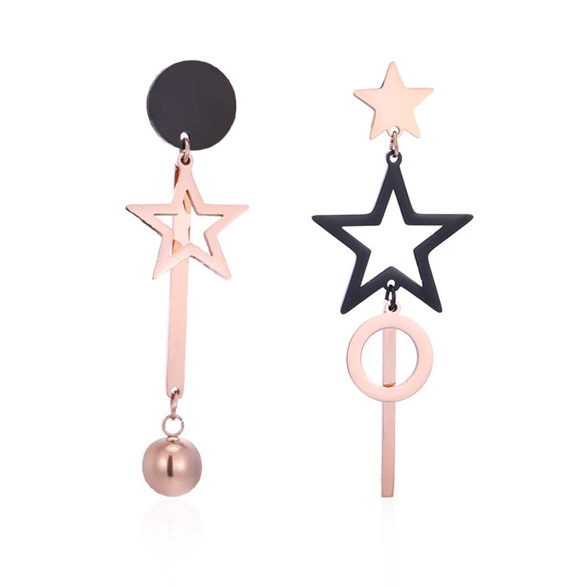 Black and 18K Rose Gold-Plated Star Asymmetric Drop Earrings, rose gold drop earrings for women, everyday style, front view