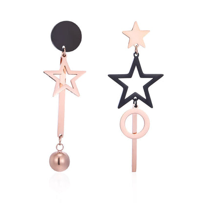 Black and 18K Rose Gold-Plated Star Asymmetric Drop Earrings, rose gold drop earrings for women, everyday style, front view