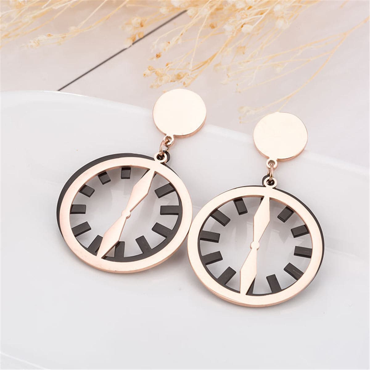 Black & 18K Rose Gold-Plated Clock Drop Earrings