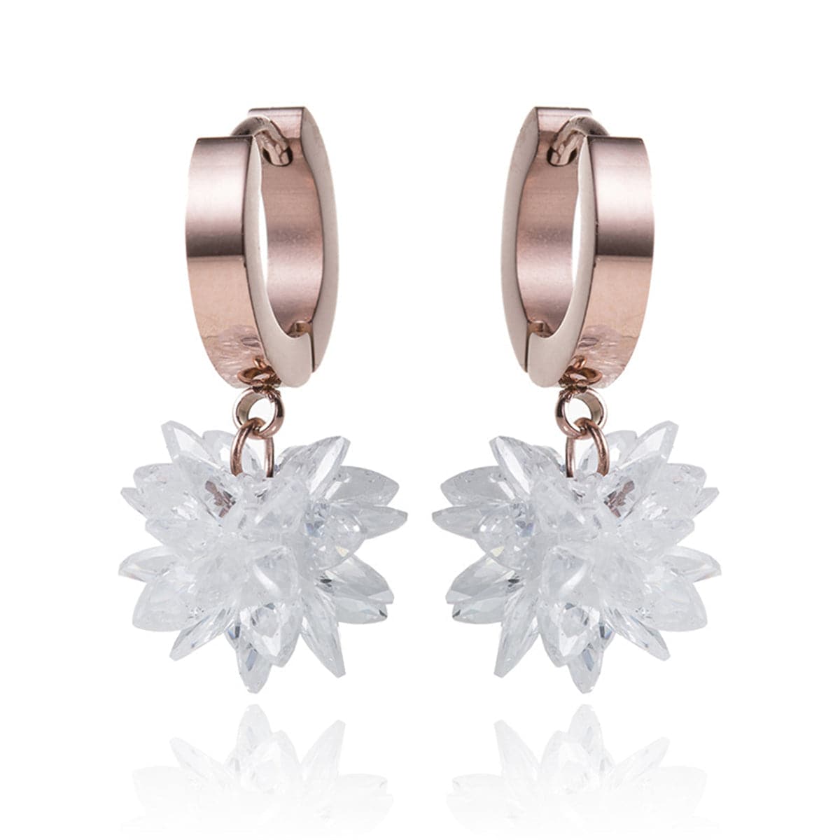 Cubic Zirconia and 18K Rose Gold-Plated Snowflake Drop Earrings, rose gold huggie earrings, elegant gift for her, side view