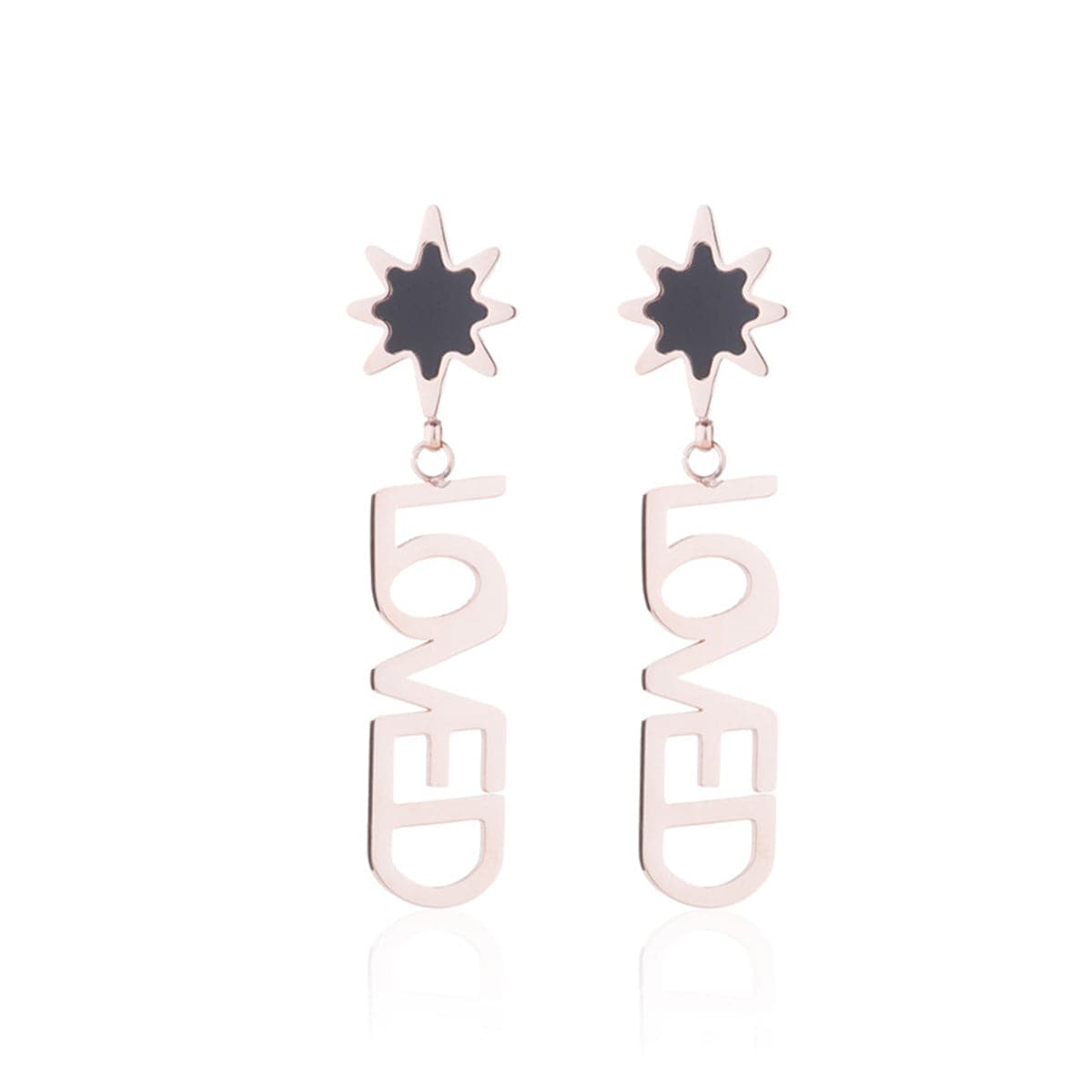 Black and 18K Rose Gold-Plated 'Loved' Drop Earrings, rose gold drop earrings for women, everyday style, side view