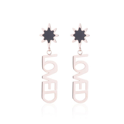 Black and 18K Rose Gold-Plated 'Loved' Drop Earrings, rose gold drop earrings for women, everyday style, side view
