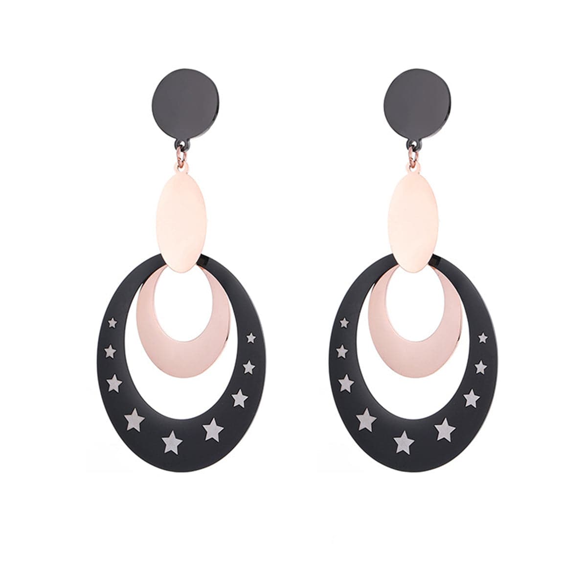 Black and 18K Rose Gold-Plated Star Circle Drop Earrings, rose gold drop earrings for women, elegant gift for her, side view
