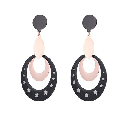 Black and 18K Rose Gold-Plated Star Circle Drop Earrings, rose gold drop earrings for women, elegant gift for her, side view