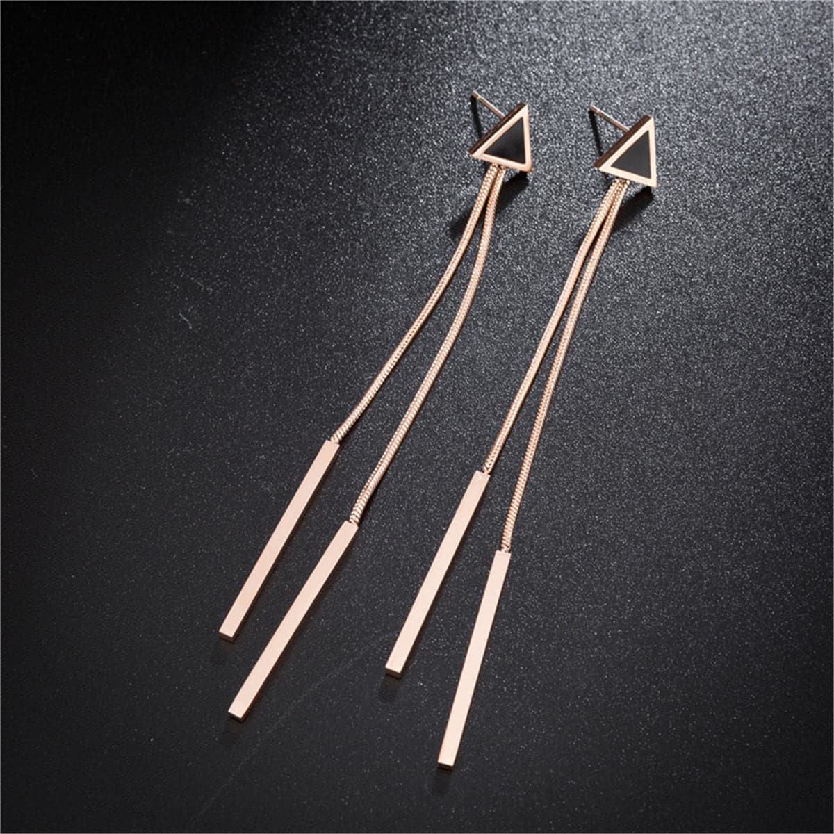 18K Rose Gold-Plated and Black Triangle and Tassel Drop Earrings, rose gold drop earrings for women, side view