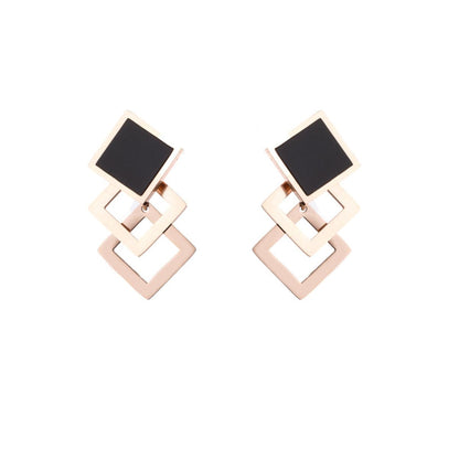 Black and 18K Rose Gold-Plated Overlapping Rhombus Stud Earrings, rose gold stud earrings for women, side view