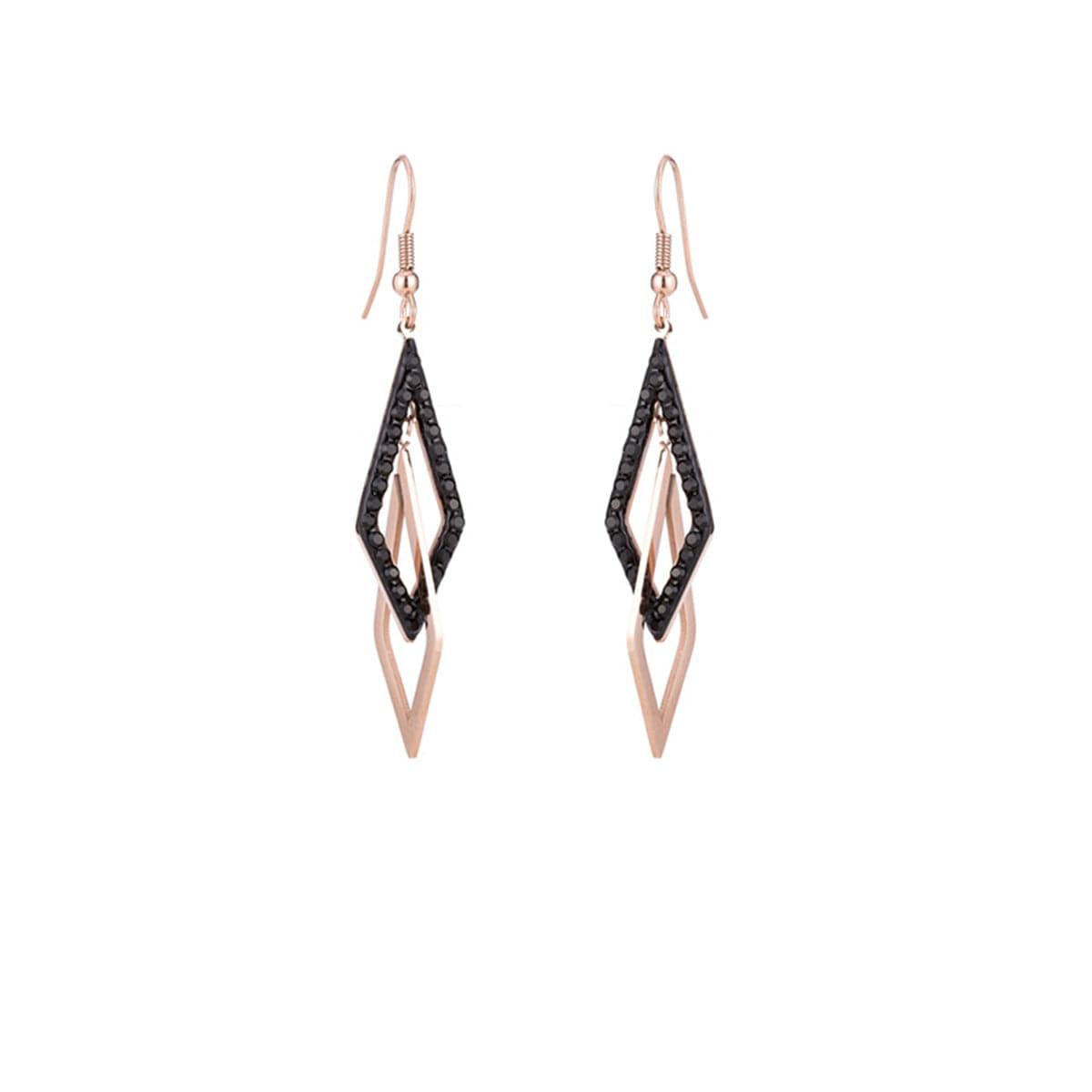Black and 18K Rose Gold-Plated Crossing Rhombus Drop Earrings, rose gold drop earrings for women, everyday style, side view
