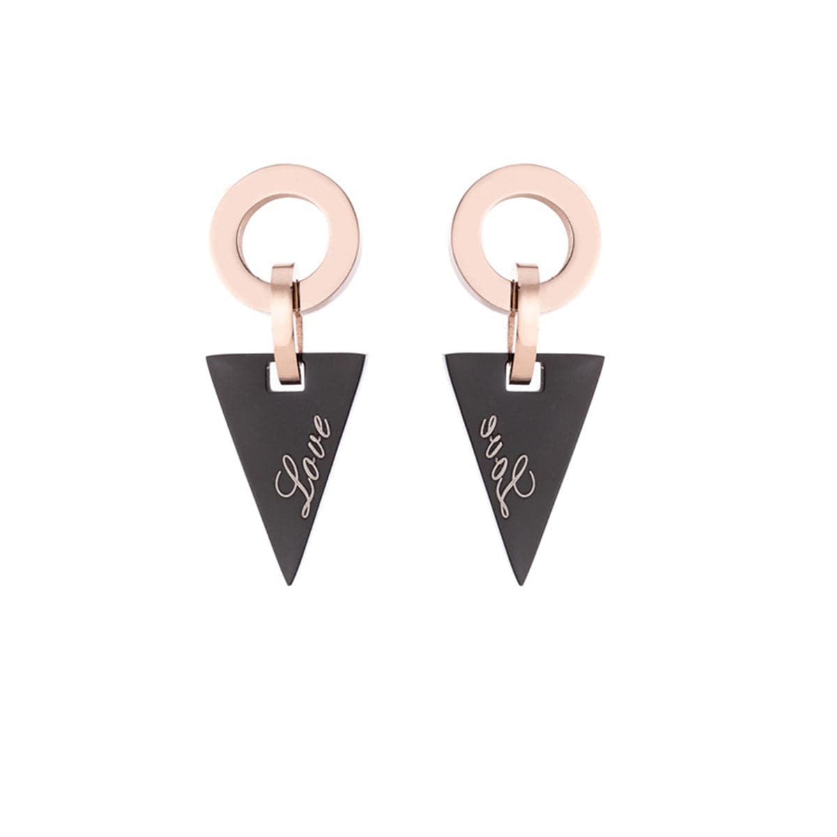 Black and 18K Rose Gold-Plated 'Love' Triangle Drop Earrings, rose gold drop earrings for women, side view