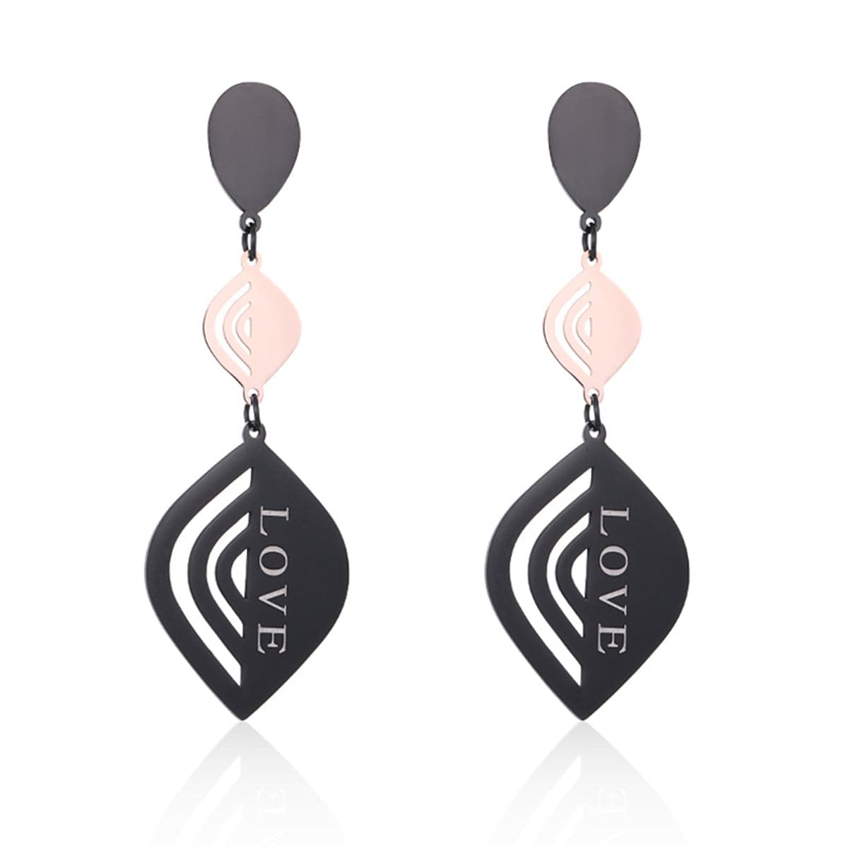 18K Rose Gold-Plated and Black 'Love' Laurel Drop Earrings, rose gold drop earrings for women, botanical inspired, side view