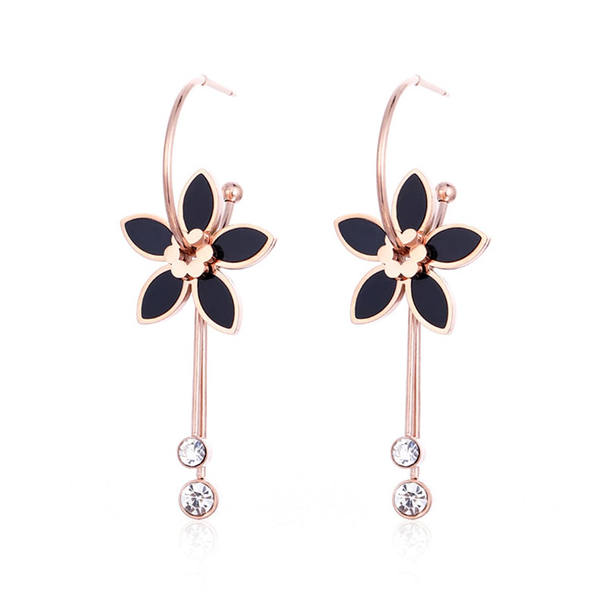 Black Cubic Zirconia and 18K Rose Gold-Plated Flower Drop Earrings, rose gold huggie earrings, side view