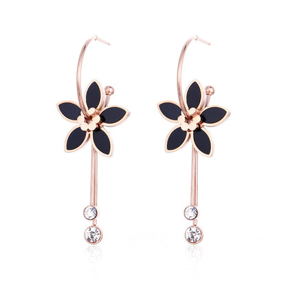 Black Cubic Zirconia and 18K Rose Gold-Plated Flower Drop Earrings, rose gold huggie earrings, side view