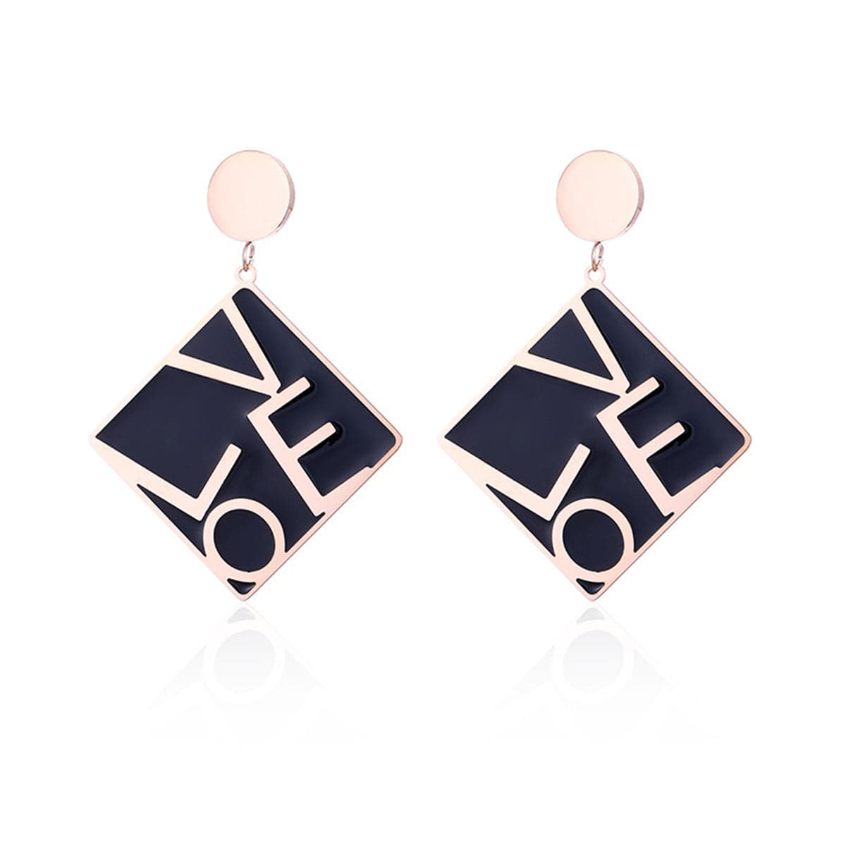 Black and 18K Rose Gold-Plated 'Love' Square Drop Earrings, rose gold drop earrings for women, botanical inspired, side view