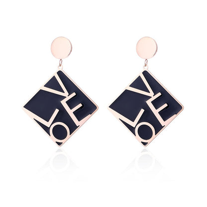 Black and 18K Rose Gold-Plated 'Love' Square Drop Earrings, rose gold drop earrings for women, botanical inspired, side view