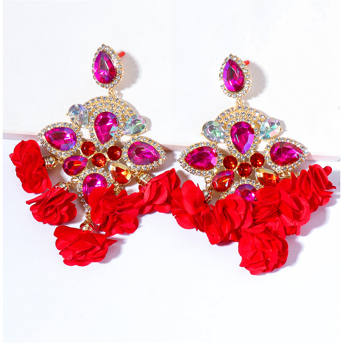 Red Crystal & Cubic Zirconia Silk 18K Gold-Plated Floral Tassel Drop Earrings