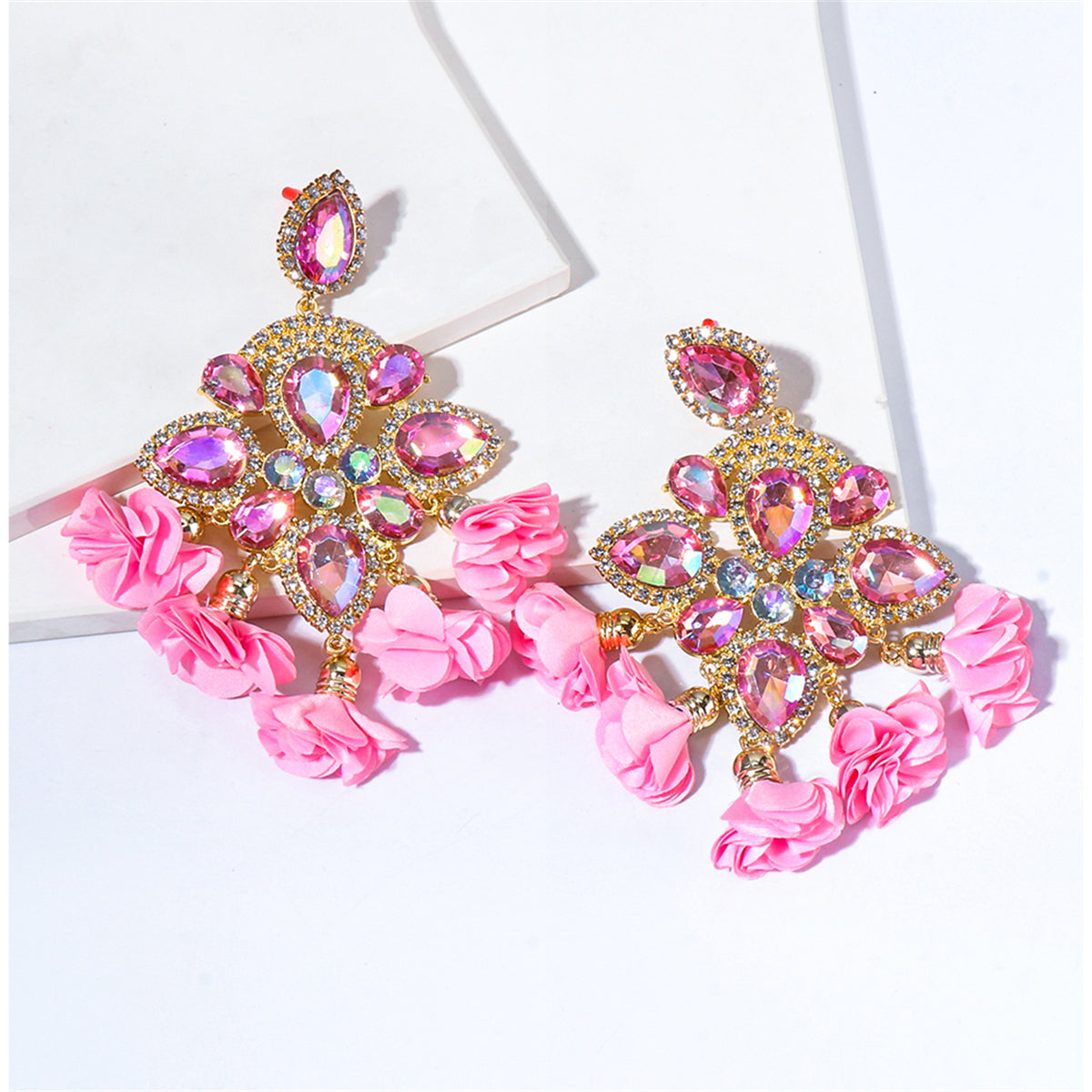 Pink Crystal & Cubic Zirconia Floral Pear-Cut Chandelier Drop Earrings