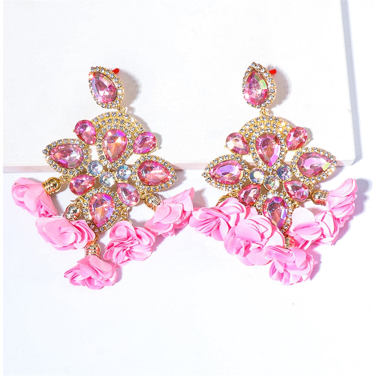Pink Crystal & Cubic Zirconia Floral Pear-Cut Chandelier Drop Earrings