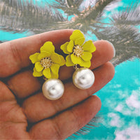 Yellow & Imitation Pearl Flower Drop Earrings