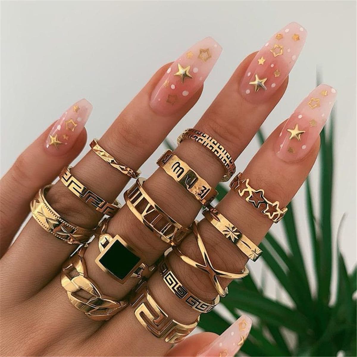 Black Enamel and 18K Gold-Plated Square Openwork-Band Ring Set, jewelry gift sets for women, side view