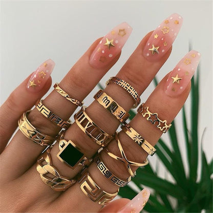 Black Enamel and 18K Gold-Plated Square Openwork-Band Ring Set, jewelry gift sets for women, side view