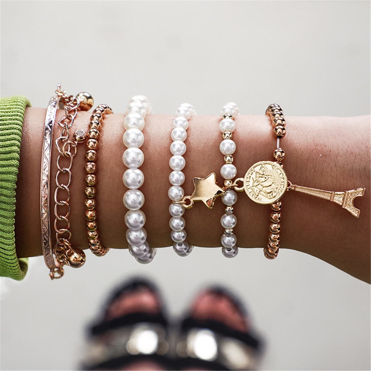 Pearl and 18K Gold-Plated Eiffel Tower Bracelet Set, jewelry gift sets for women, everyday style, front view