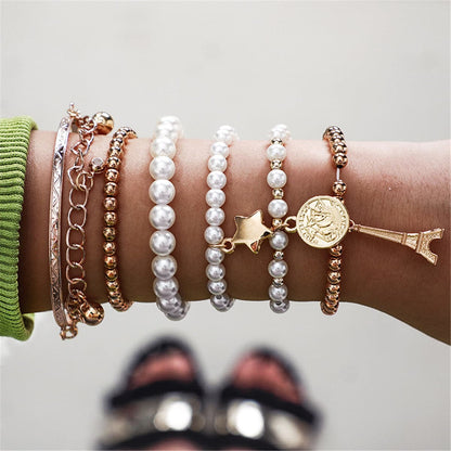 Pearl and 18K Gold-Plated Eiffel Tower Bracelet Set, jewelry gift sets for women, everyday style, front view