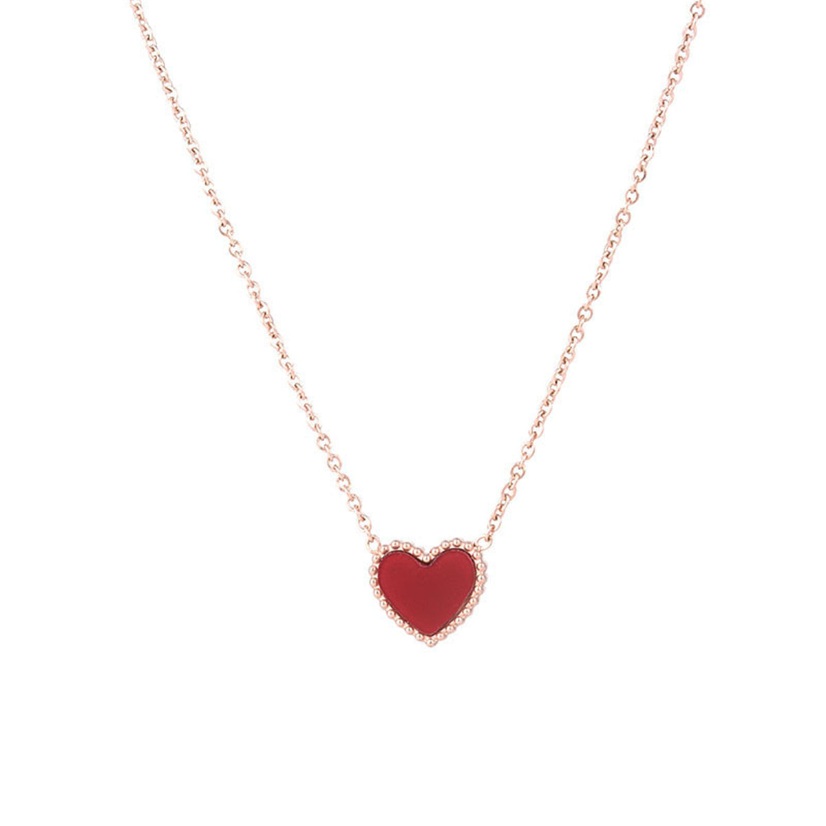 Red and 18K Rose Gold-Plated Heart Pendant Necklace, rose gold pendant necklace for women, everyday style, detail close-up