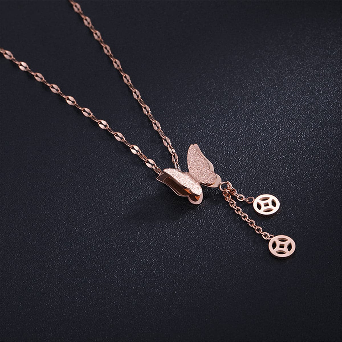 18K Rose Gold-Plated Frosted Butterfly Coin Tassel Pendant Necklace