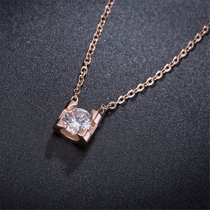 Cubic Zirconia and 18K Rose Gold-Plated Prong Pendant Necklace, rose gold pendant necklace for women, detail close-up