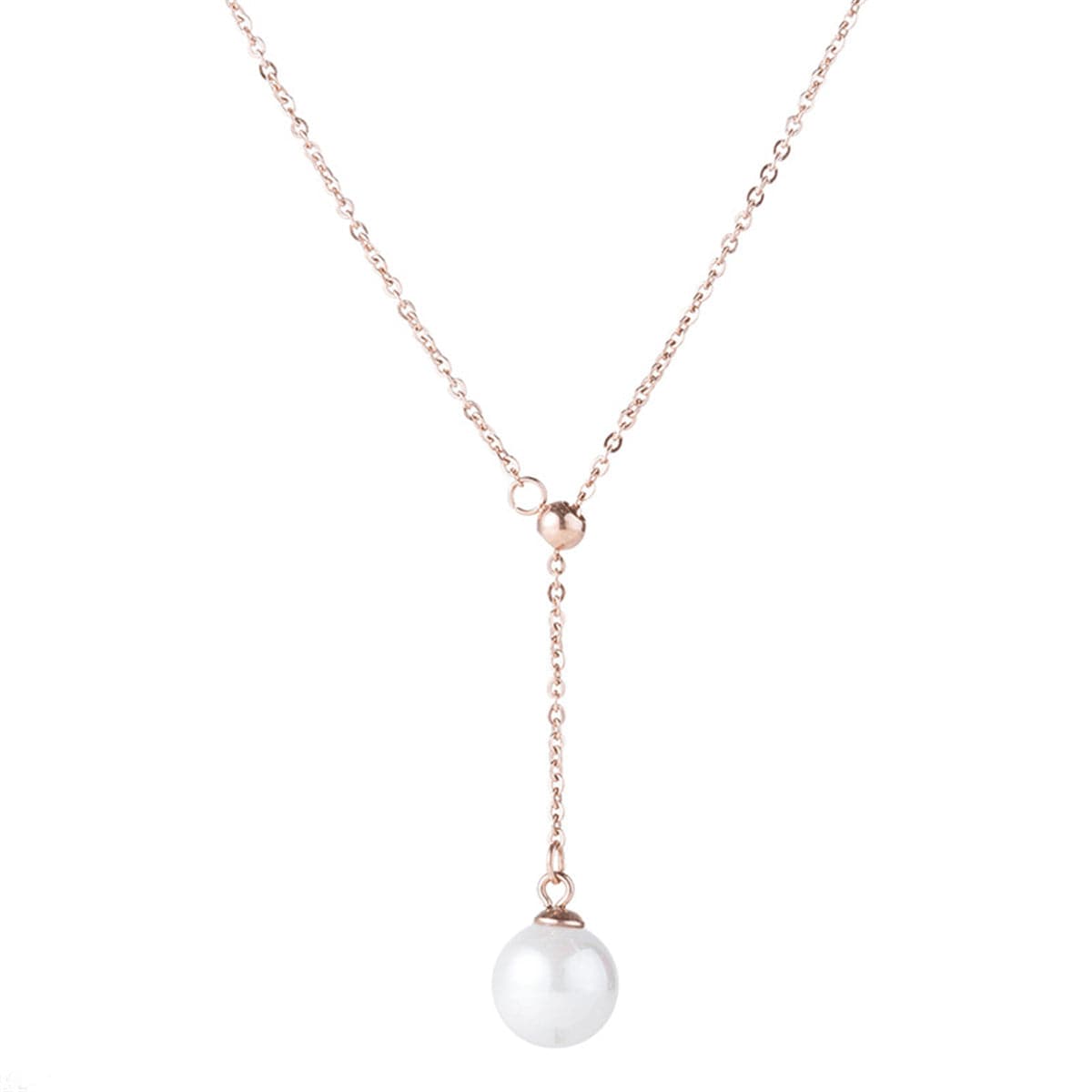 Pearl and 18K Rose Gold-Plated Lariat Necklace, rose gold pendant necklace for women, elegant gift for her, detail close-up
