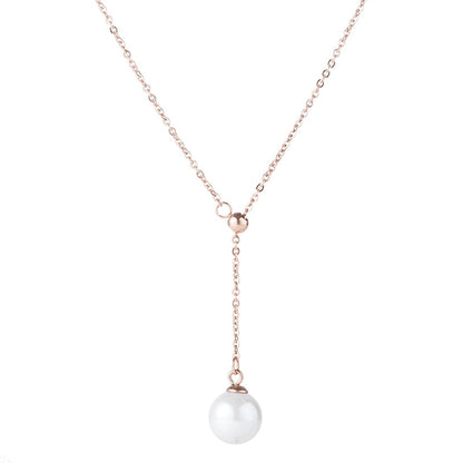 Pearl and 18K Rose Gold-Plated Lariat Necklace, rose gold pendant necklace for women, elegant gift for her, detail close-up