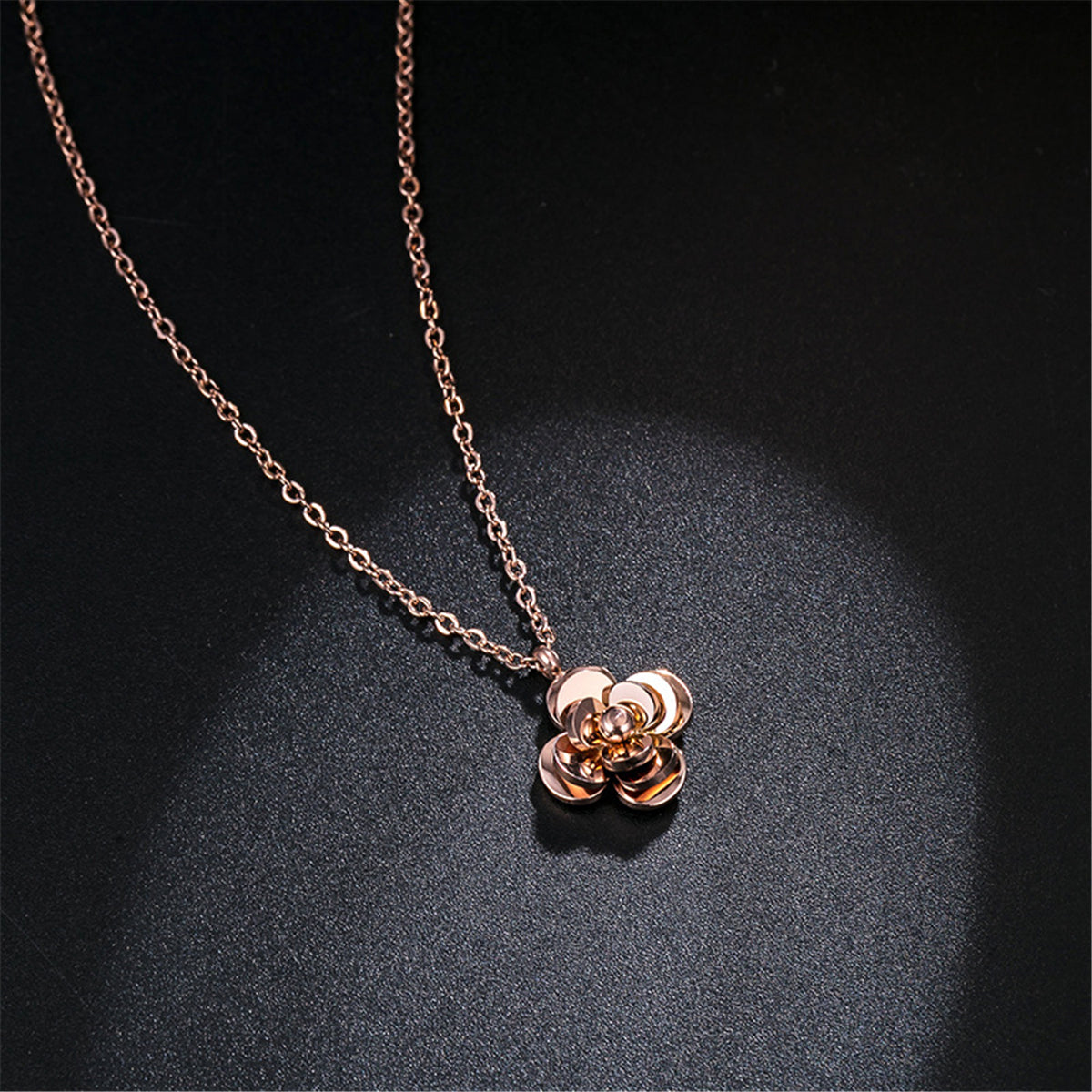 18K Rose Gold-Plated Camellia Pendant Necklace, rose gold pendant necklace for women, detail close-up