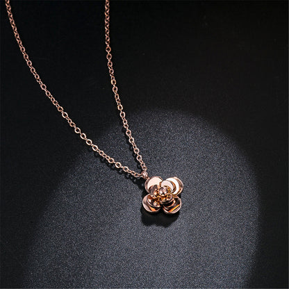 18K Rose Gold-Plated Camellia Pendant Necklace, rose gold pendant necklace for women, detail close-up