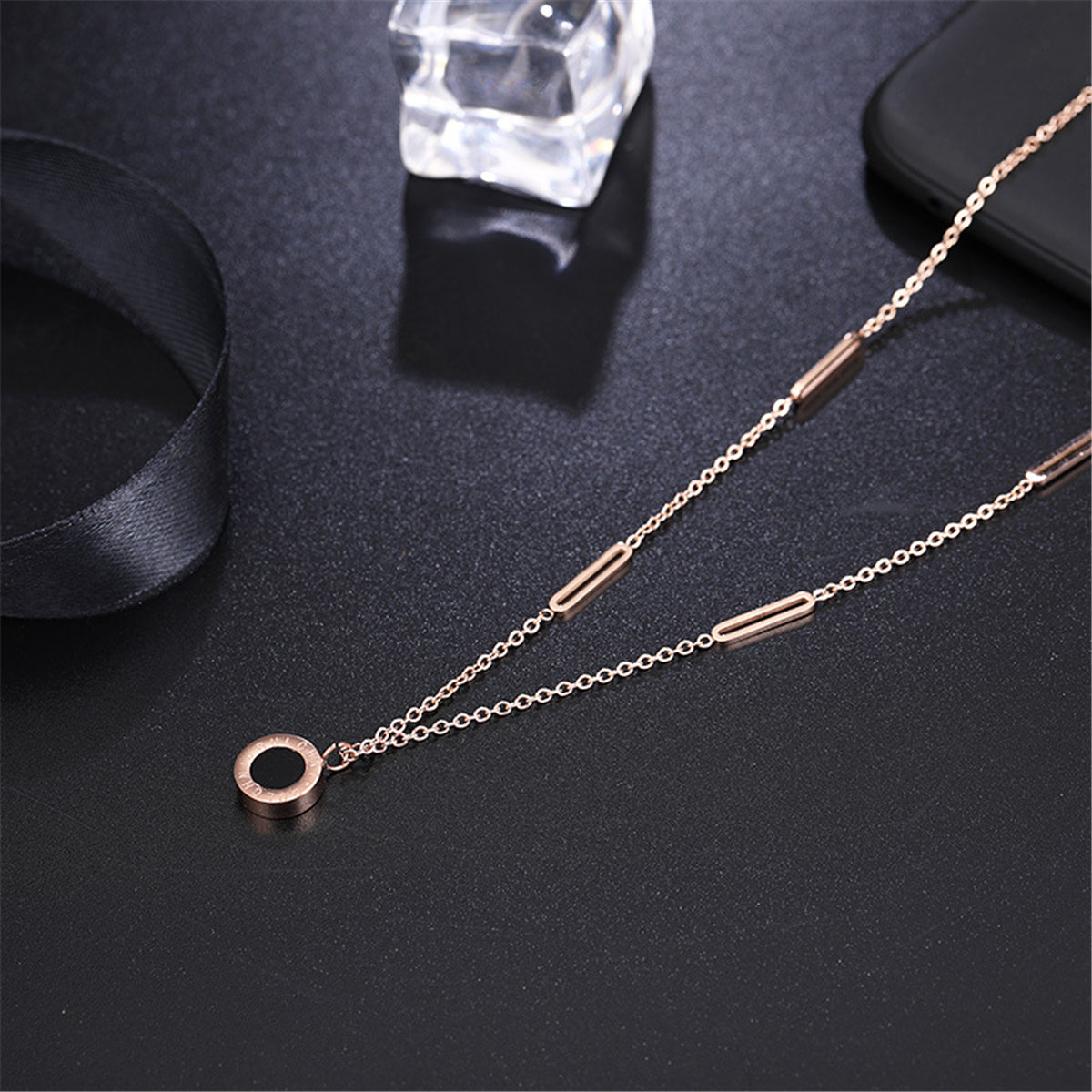 Black and 18K Rose Gold-Plated Roman Numeral Plate Pendant Necklace, rose gold pendant necklace for women, lifestyle look