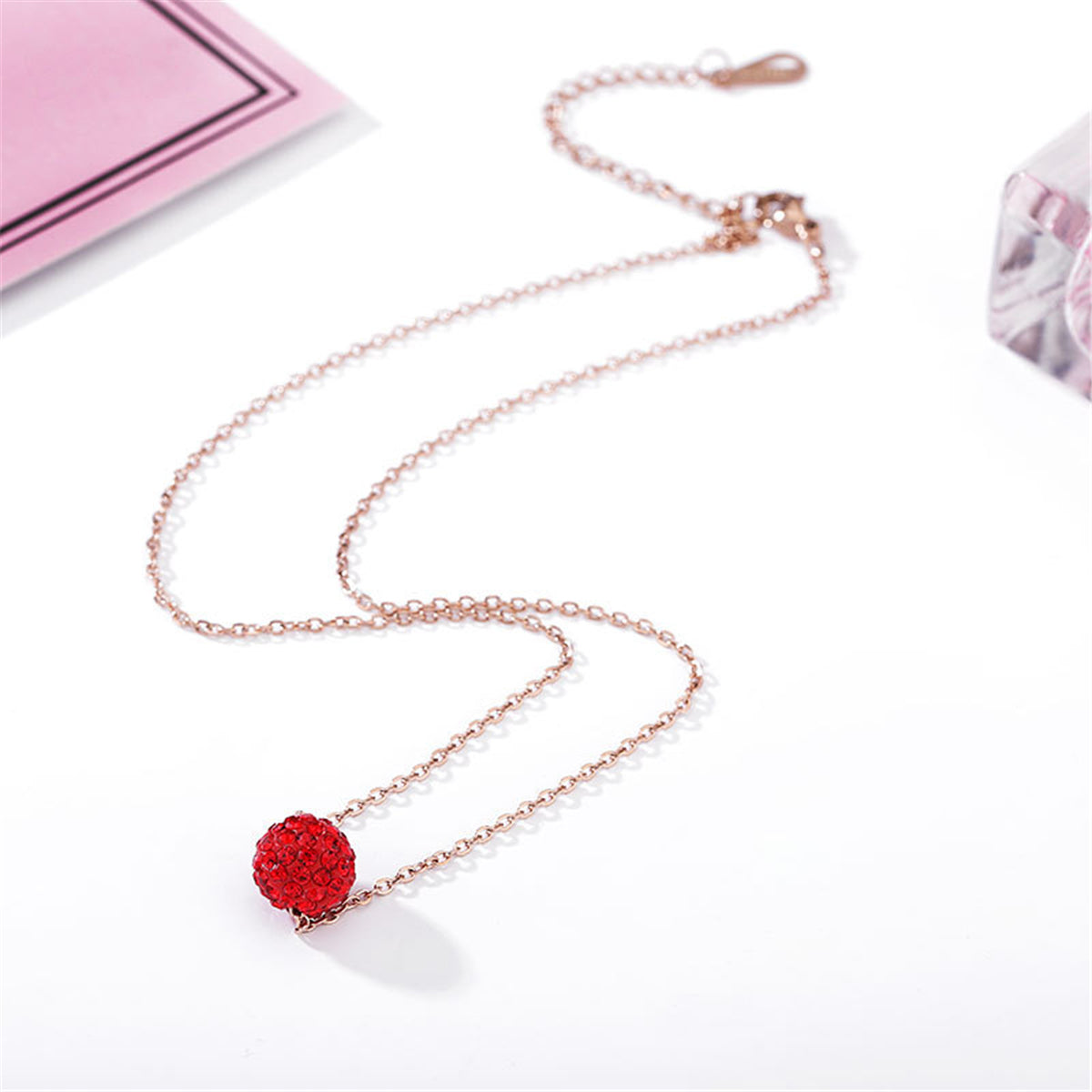 Red Cubic Zirconia and 18K Rose Gold-Plated Ball Pendant Necklace, rose gold pendant necklace for women, front view