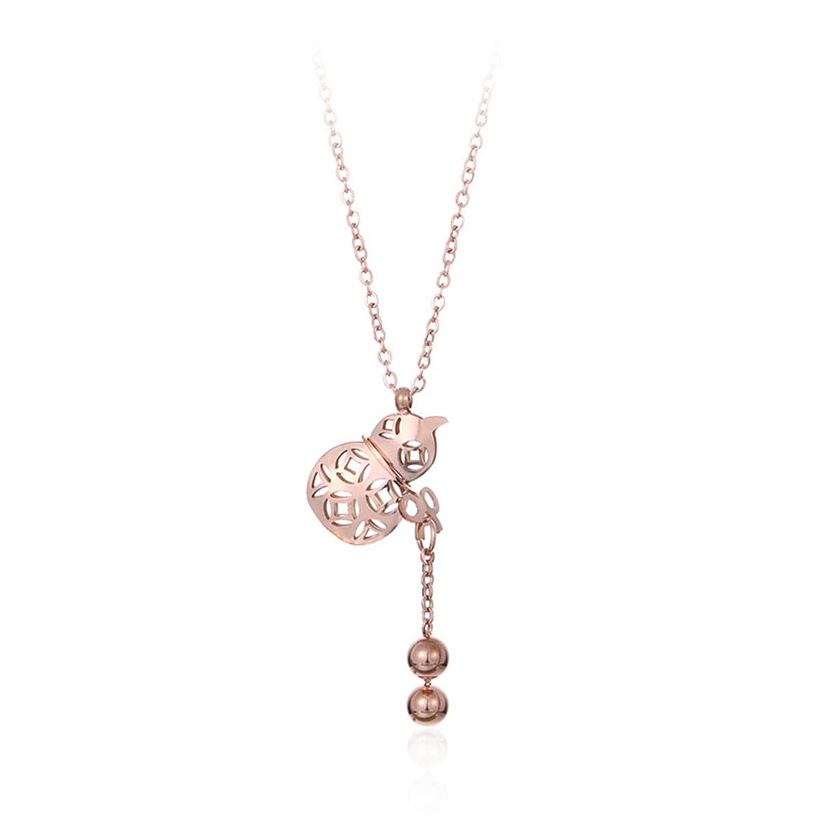 18K Rose Gold-Plated Gourd Pendant Necklace, rose gold pendant necklace for women, dainty minimalist design, front view