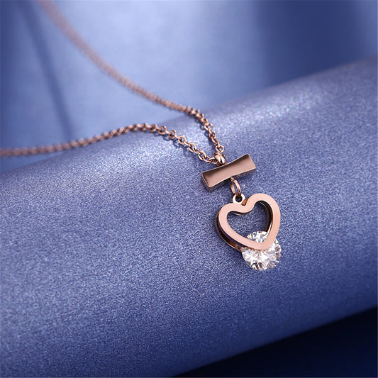 Cubic Zirconia and 18K Rose Gold-Plated Open Heart Pendant Necklace, rose gold pendant necklace for women, front view