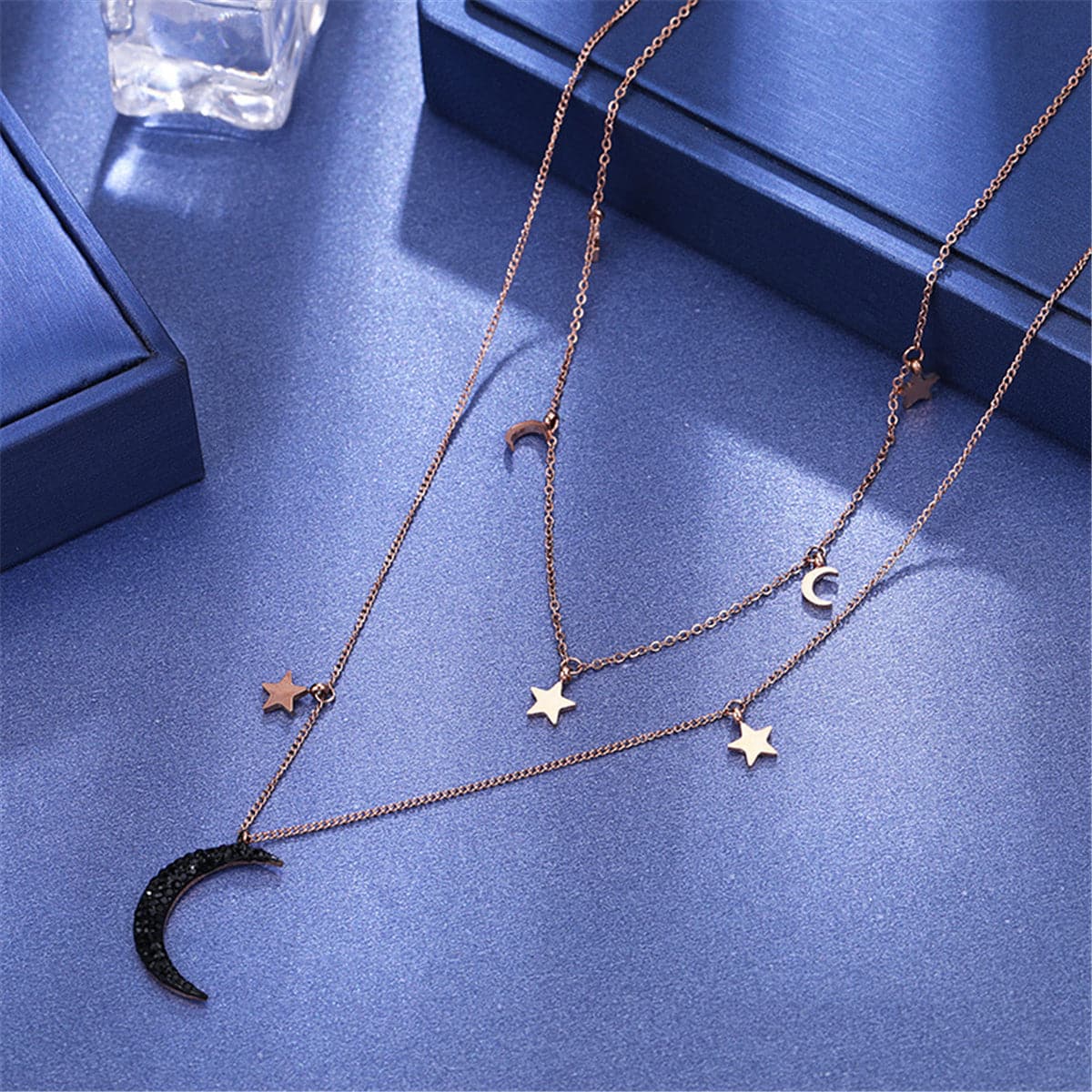 Black Cubic Zirconia & 18K Rose Gold-Plated Moon & Sun Layered Necklace