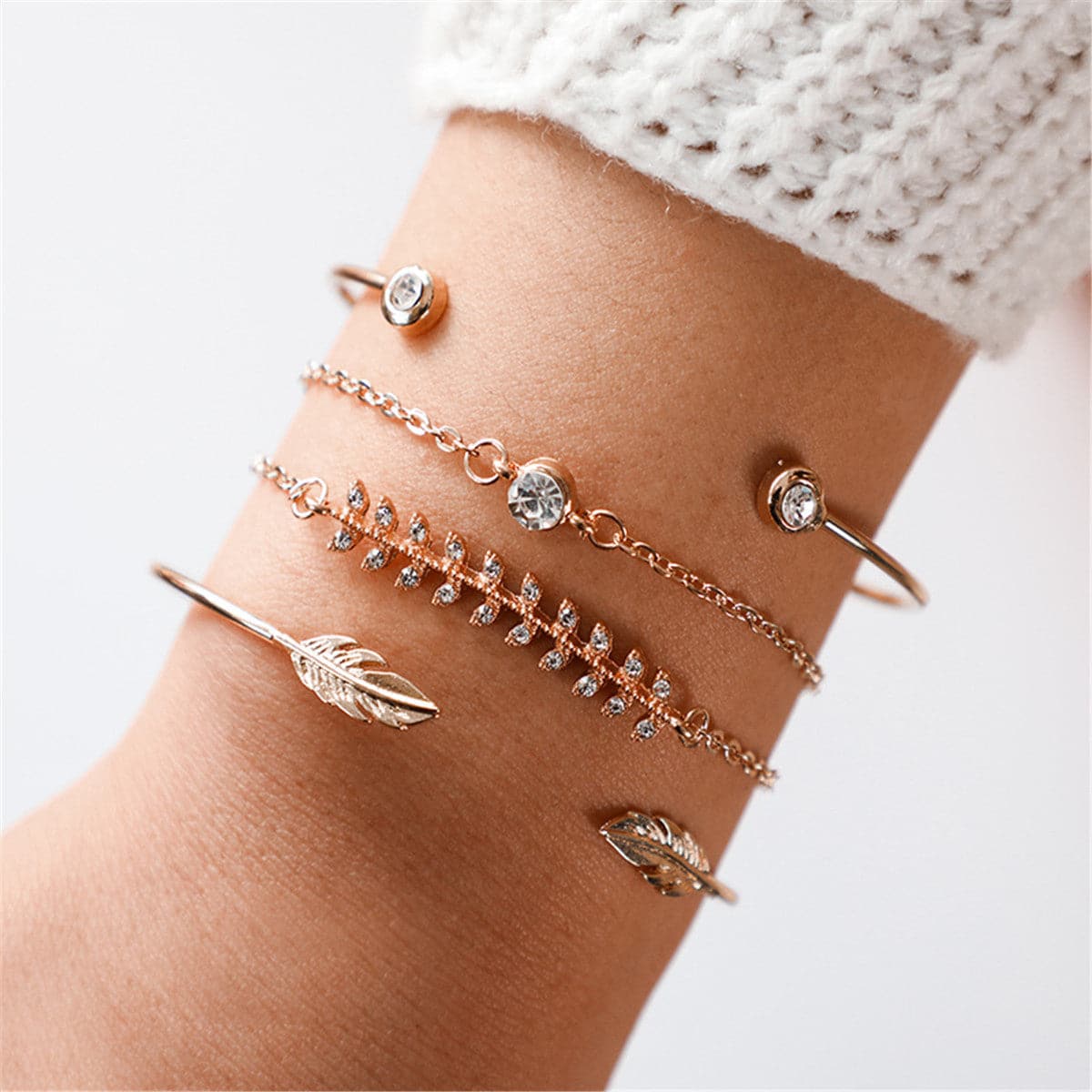 Cubic Zirconia and 18K Gold-Plated Leaf Charm Bracelet Set, gold bracelet for women, dainty minimalist design, side view