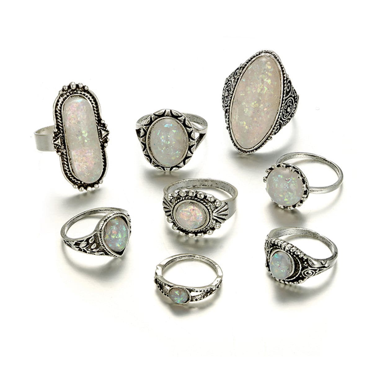 Iridescent and Silver-Plated Long Oval Ring Set, jewelry gift sets for women, elegant gift for her, side view